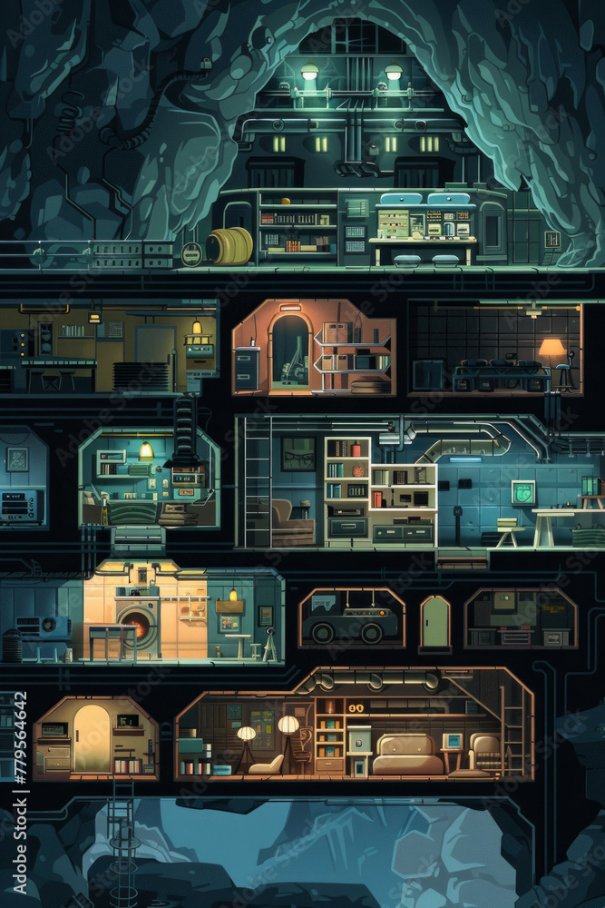 A 2D retro rpg game style of a cross-section of an underground base with various rooms A 2D retro rpg game style of a cross-section of an underground base with various rooms