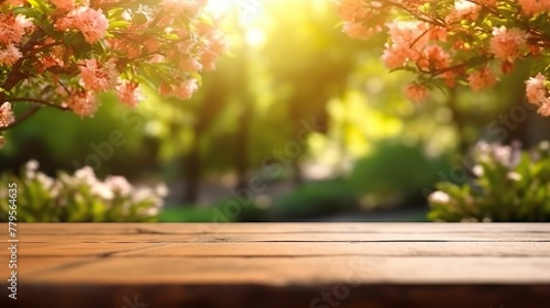 Sun-soaked landscape featuring a wooden floor and a tree blossoming with flowers in the foreground
