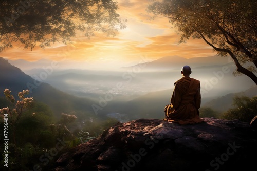 AI generated illustration of a silhouette of a monk meditating atop a mountain peak as the sun sets