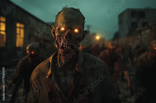 some zombies with glowing eyes in a dark city at night