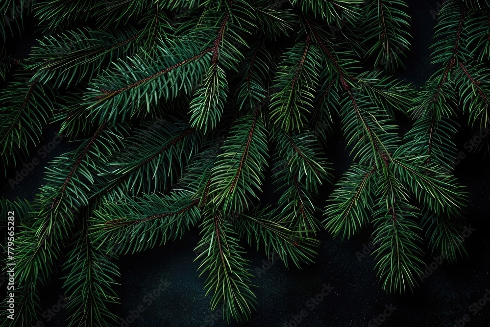 Serene Pine Tree Branches: A Tranquil Study of Dark Green Foliage and Forest Textures