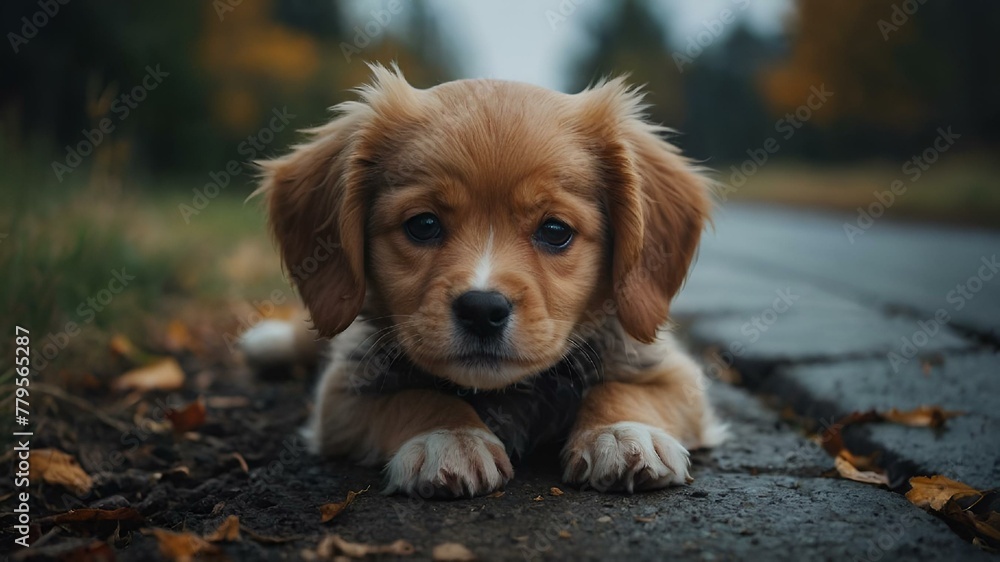 AI generated illustration of Adorable puppy sitting on sidewalk, gazing at the camera AI generated illustration of Adorable puppy sitting on sidewalk, gazing at the camera