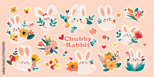 Fototapeta Naklejka Na Ścianę i Meble -  A pack of Chubby rabbit sticker collection. Set of isolated cute rabbits with flowers in colorful colors. Cute doodle illustration with thick white offset outline.