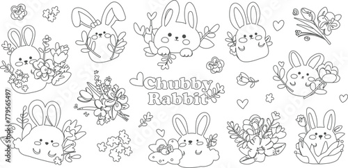 A pack of Chubby rabbit sticker collection. Set of cute rabbits with flowers in black outline and white plain style on transparent background. Cute doodle Illustration for coloring book.