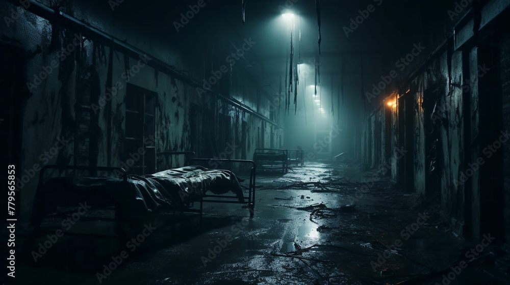 Dimly lit hallway with beds in a creepy abandoned hospital. AI-generated.