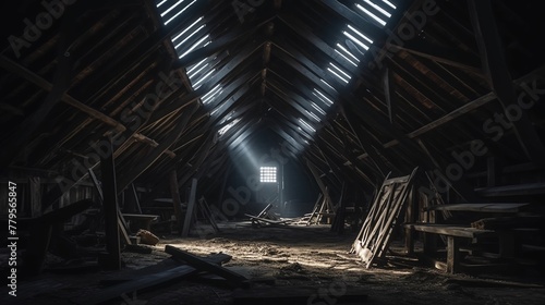 Light-filled attic of an old abandoned house. AI-generated.