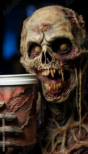 a corpsey humanoid holding a cup of coffee in it