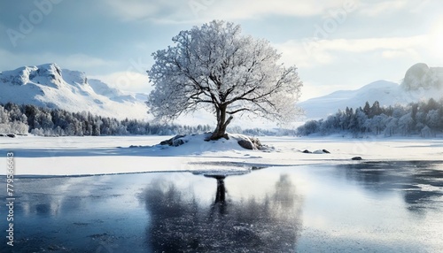AI generated illustration of a solitary tree standing atop frozen water