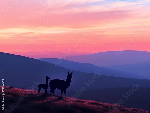 Dog and llama, silhouetted by a Fantasia minimalist dawn, gentle hues, wide expansive view, peaceful bravery © Jeannaa