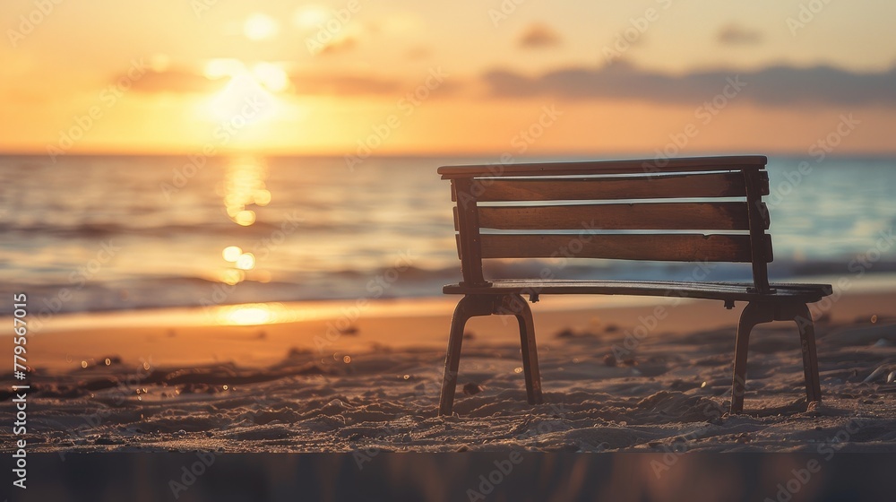 Sunrise light gently illuminates an empty wooden bench on the beach, offering a serene setting for products with the sea's blurred tranquility behind