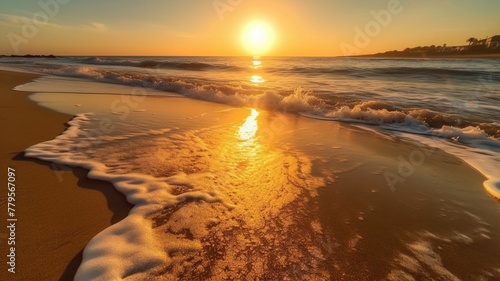 AI generated illustration of An idyllic beach with the sun setting on the horizon