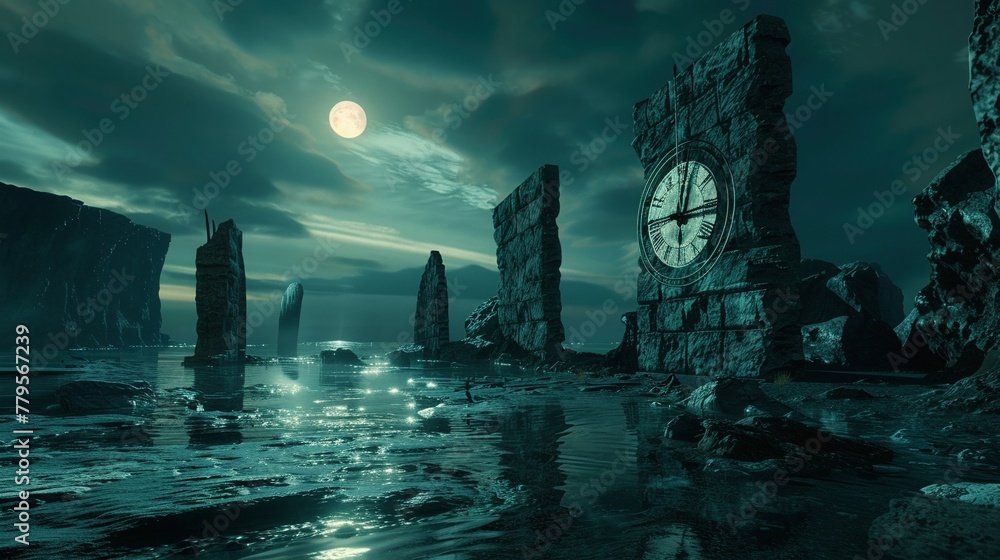 Evil shadows blend with ancient stones in the reflection of a digital ocean, clock ticking towards doom, twilight, immersive