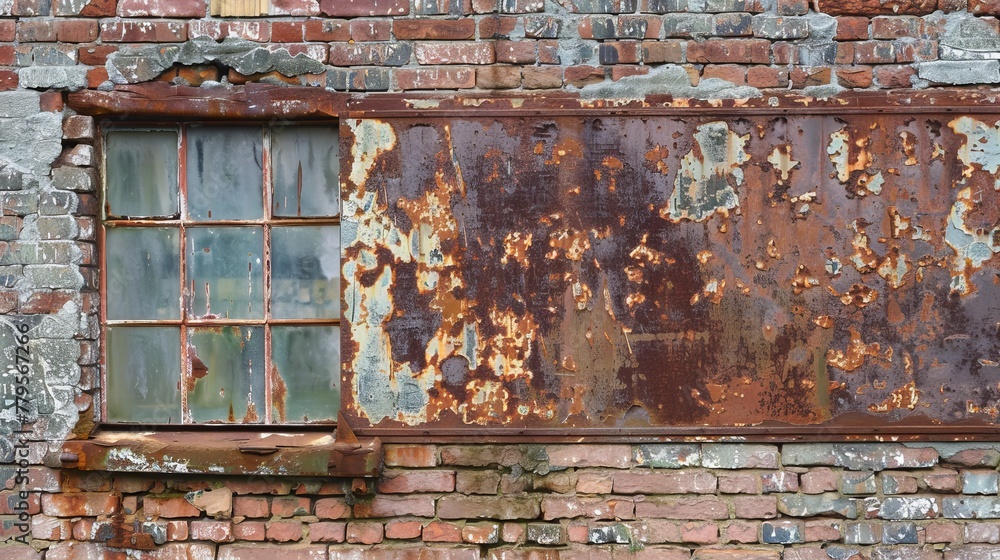 The rustic charm of a weathered, rusted wall, its patterns and textures in sharp contrast to the classic beauty of an old brick structure