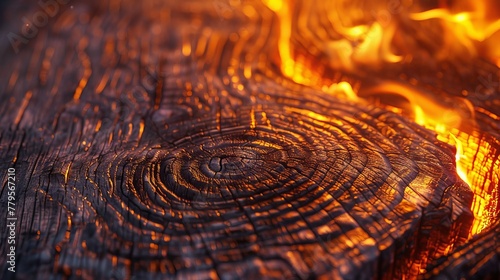 The intricate pattern of wood grain on a brown hardwood plank stands out in the warm, inviting light of a bonfire, perfect for a rustic bar setting