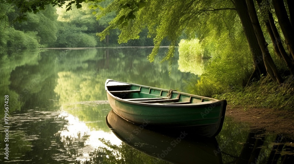 Rustic boat moored alongside a tranquil riverbank, backed by a lush cluster of trees, AI-generated.