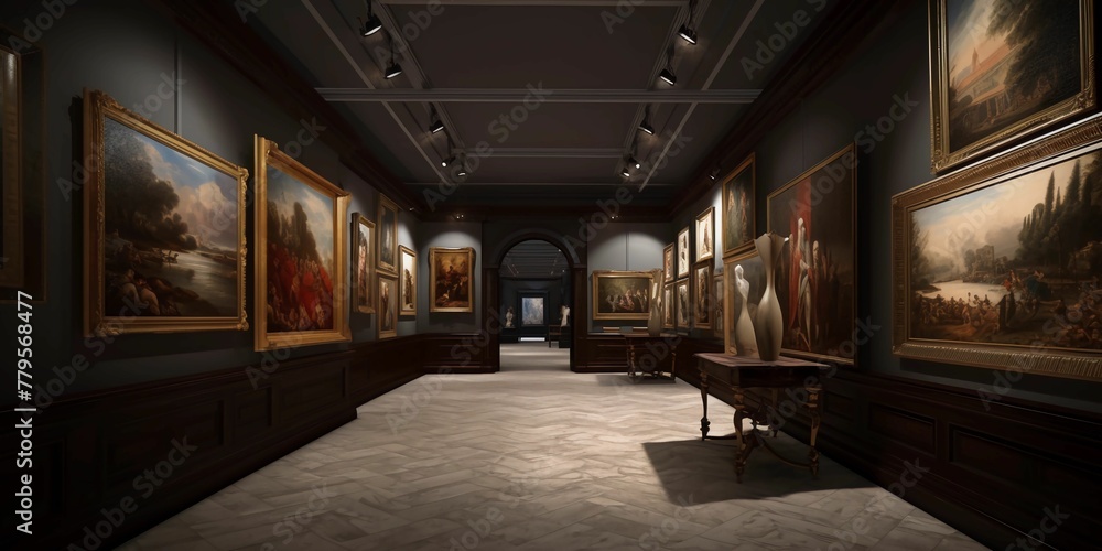 AI generated illustration of A modern museum interior featuring artwork on the walls