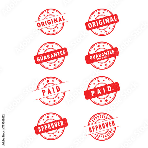 The design of the round stamps of quality, paid, original, and approved. Stamps to designate a quality product, paid, original. Vector illustration.  set of different stamps. 