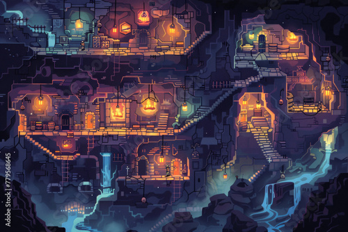 A 2D retro rpg game style of a cross-section of a dungeon with various rooms © grey