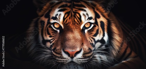 AI generated illustration of a tiger looking intently into the camera in a dark setting