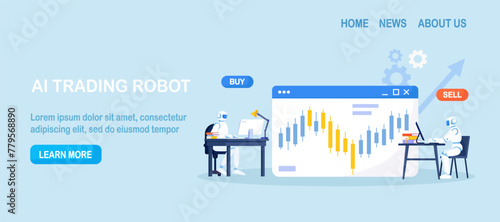 Artificial intelligence, robot trader. Trading bot analyze cryptocurrency market data, financial exchange, earning profit. AI for automation trading on stock market