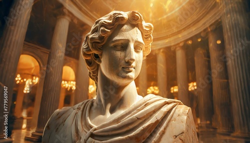 AI-generated illustration of a beautiful Greek sculpture displayed in a museum hall