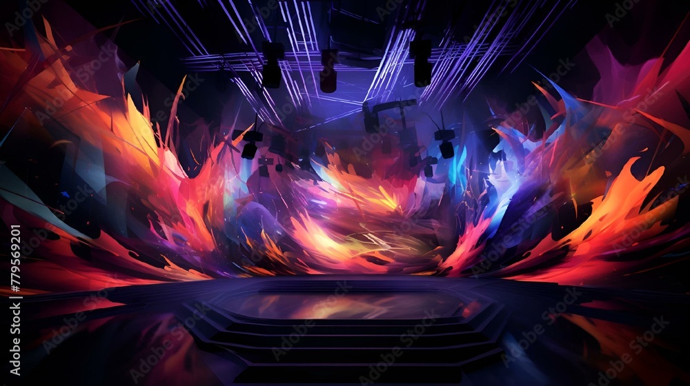 an artistic stage with colorful flames and spotlights on the wall - obrazy, fototapety, plakaty 