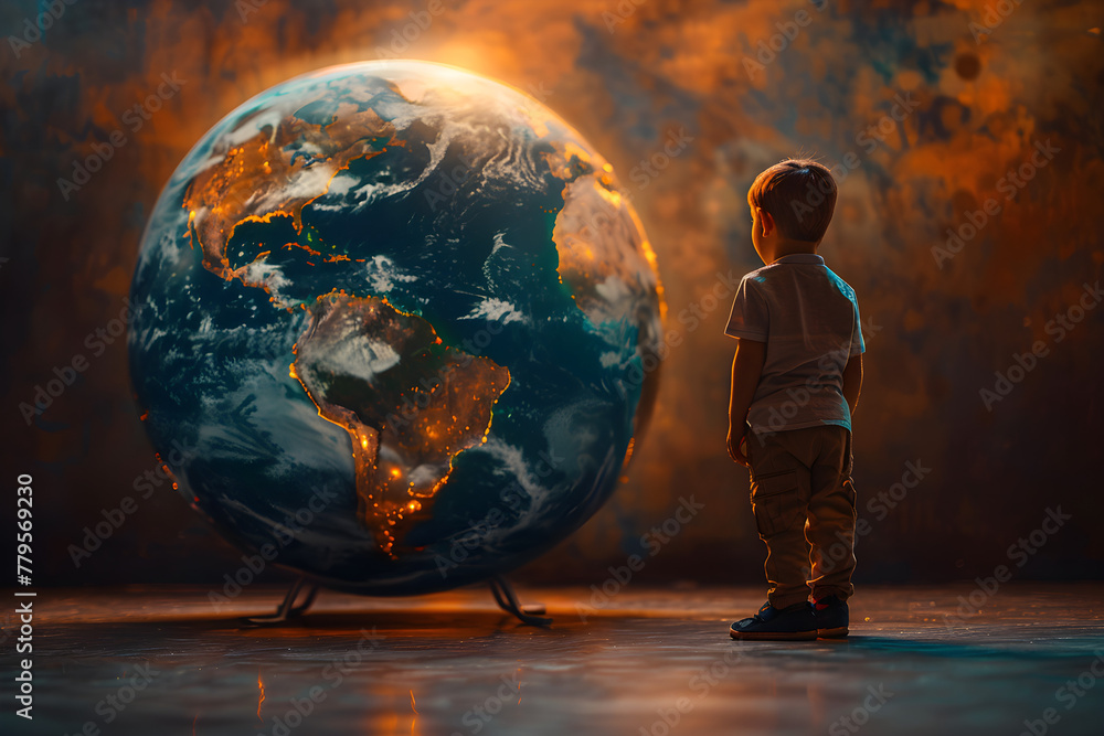 A little boy stands in front of a globe on World Autism Awareness Day
