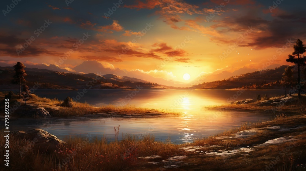 AI generated illustration of sunset at a lake with some trees and water