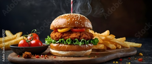 fresh prime chick patty angus or wagyu beef burger sandwich with flying ingredients and spices hot ready to serve and eat food commercial advertisement menu banner, The Evolution of Burger Culture: Fr photo