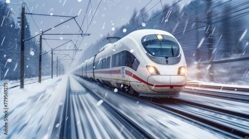 White Train Traveling on Snow-Covered Tracks