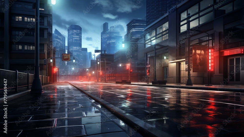 AI generated illustration of a wet city street at night with the rain on it