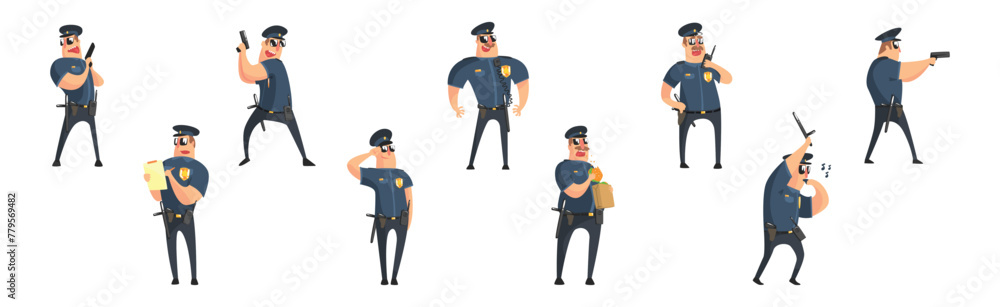 American Policeman Funny Character in Different Action Vector Set