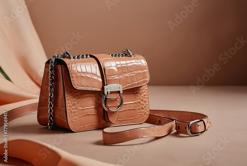 Peach fuzz luxury ladies bag on a peach fuzz background