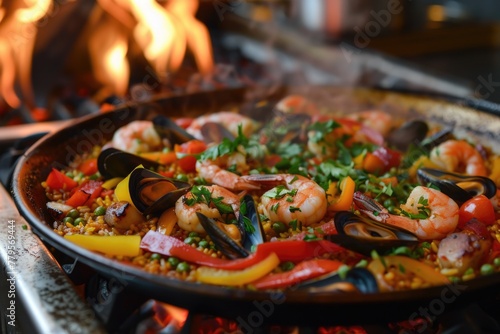Traditional Seafood Paella with Shrimp  Mussels  and Fresh Vegetables Over Open Flame
