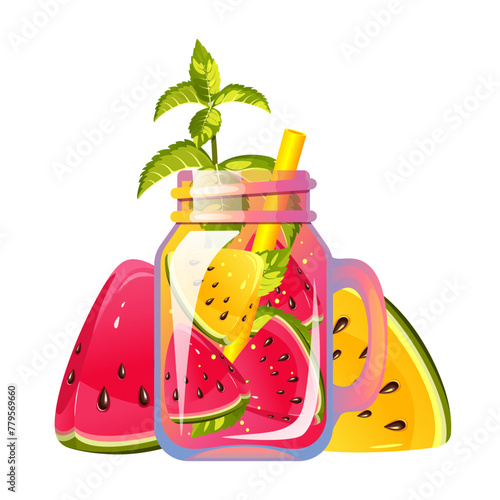 Watermelon cocktail on a white background. Summer refreshing drink in a can with juicy watermelon.Watermelon summer juice. Smoothie with fresh fruit. Lemonade with watermelon. Vector illustration.