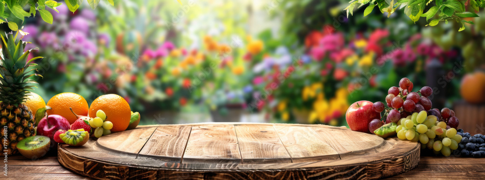 A wooden table with fruits and vegetables, surrounded by colorful flowers in the background - obrazy, fototapety, plakaty 