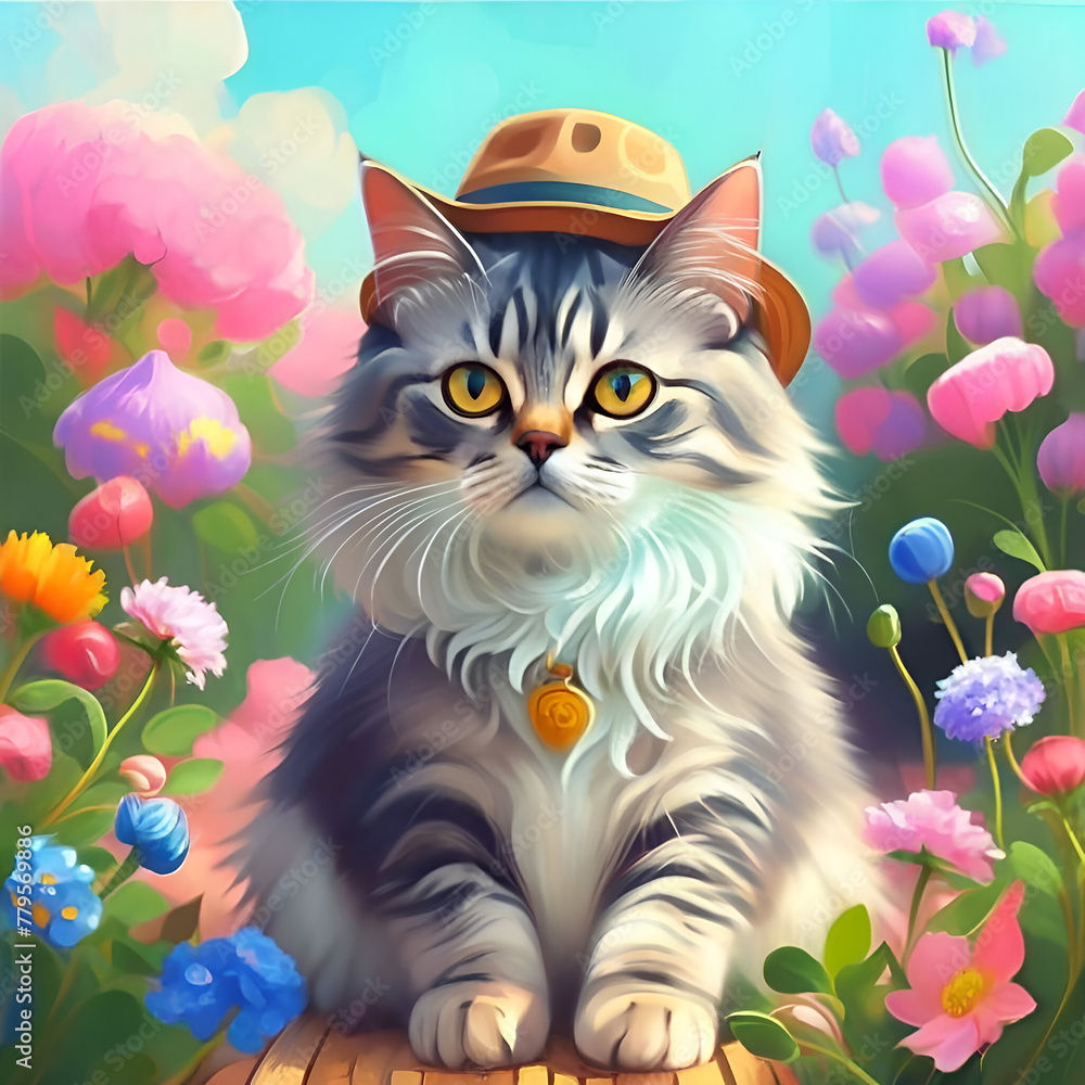 Fototapeta premium Cute fluffy cat wearing pretty wool hat