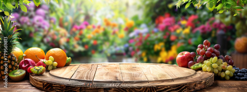 A wooden table with fruits and vegetables, surrounded by colorful flowers in the background #779569813