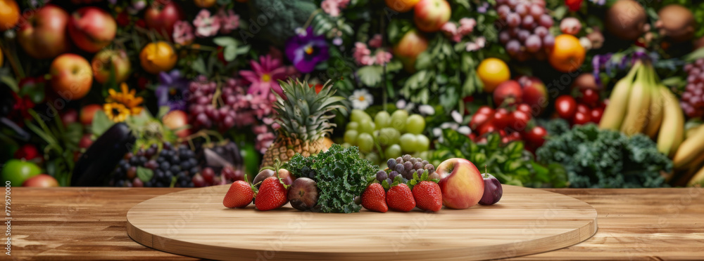 A wooden table with fruits and vegetables, surrounded by colorful flowers in the background A wooden table with fruits and vegetables, surrounded by colorful flowers in the background