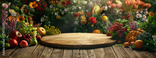 A wooden table with fruits and vegetables, surrounded by colorful flowers in the background #779570053