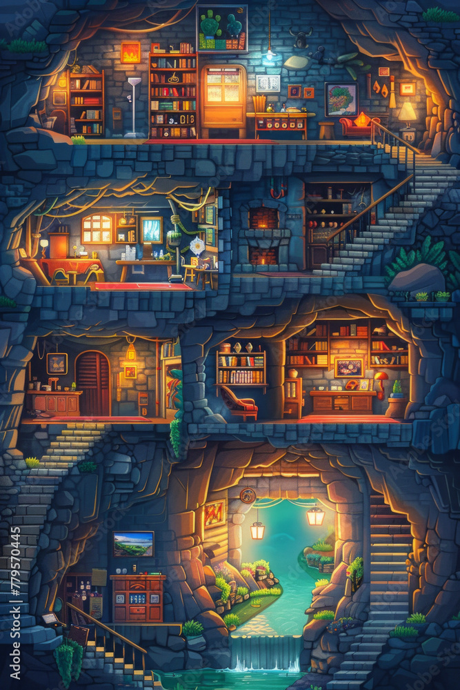 A 2D retro rpg game style of a cross-section of an underground base with various rooms A 2D retro rpg game style of a cross-section of an underground base with various rooms