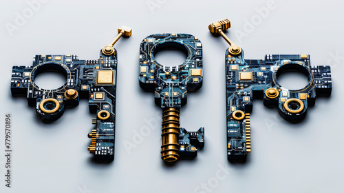 Electronic components and circuits arranged to form the word 'AI', representing artificial intelligence, on a light background. photo