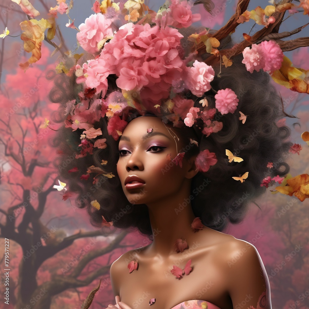 An African American woman with cherry blossom flowers in her hair, looking ahead, AI-generated