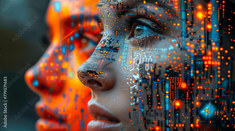 Profile of a woman's face overlaid with digital circuitry patterns. Profile of a woman's face overlaid with digital circuitry patterns.