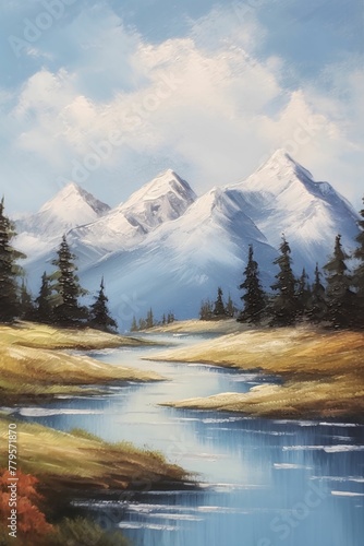 AI generated illustration of a scenic landscape painting featuring a river  trees  and mountains