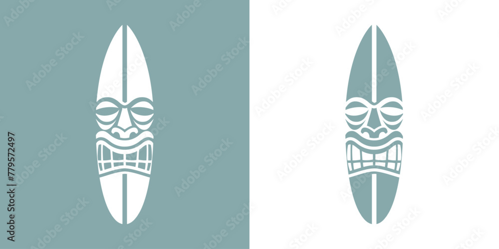 Logo club de surf en Hawái. Silueta de máscara tiki en tabla de surf Logo club de surf en Hawái. Silueta de máscara tiki en tabla de surf