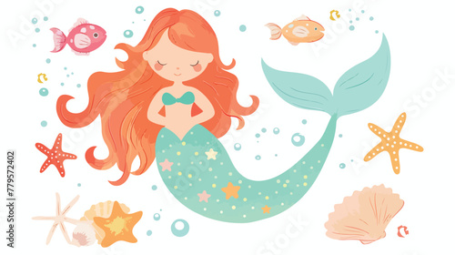 Cute little mermaid with starfish seashells and fishe