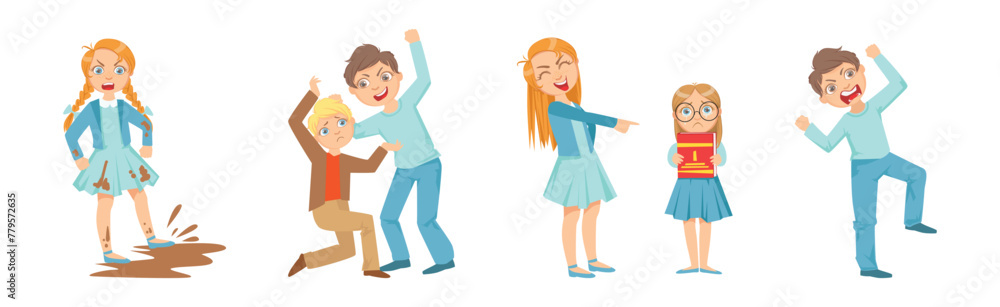 Aggressive Kid Hooligan Bullying Weak Have Bad Behavior Vector Set Aggressive Kid Hooligan Bullying Weak Have Bad Behavior Vector Set