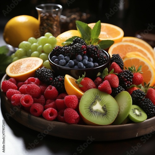 bowl of fruit sits on wooden platter with many different fruits