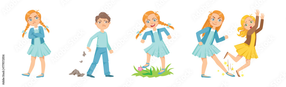 Aggressive Kid Hooligan Bullying Weak Have Bad Behavior Vector Set Aggressive Kid Hooligan Bullying Weak Have Bad Behavior Vector Set
